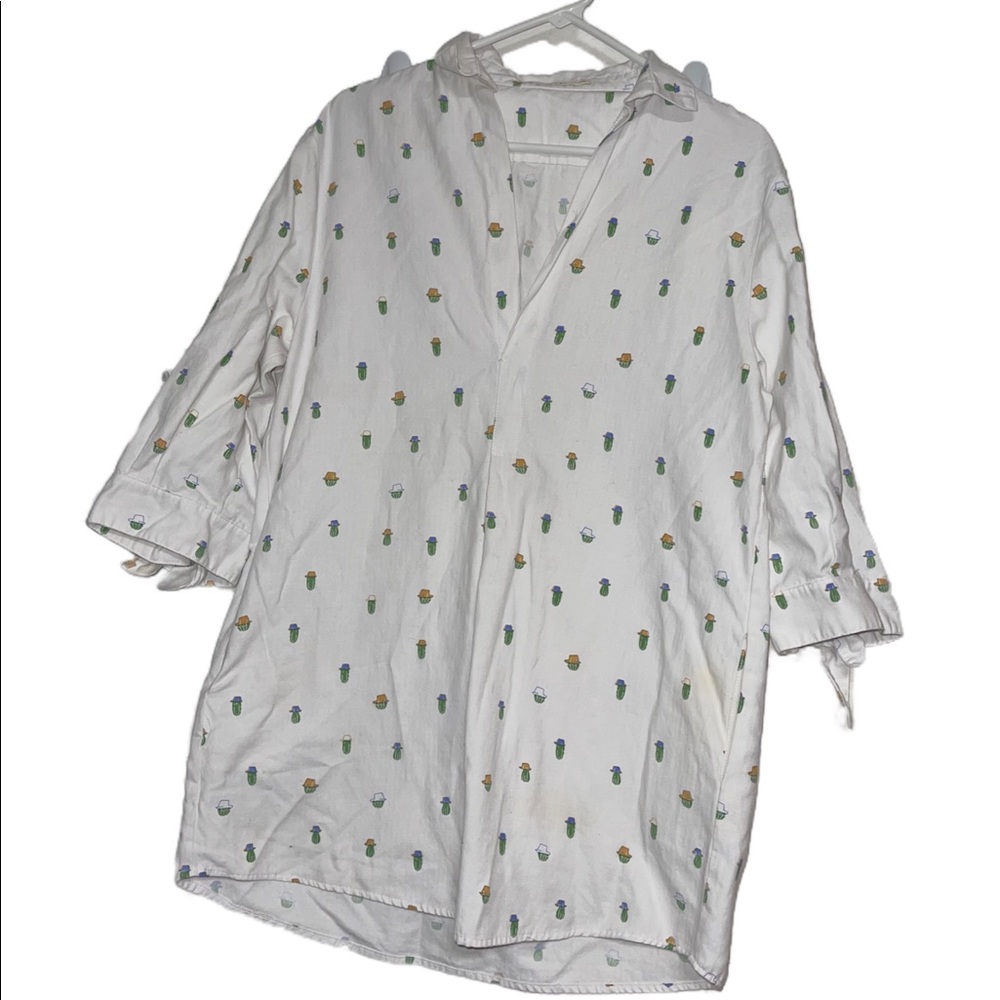 Ellison Womens Tunic Top Size Medium White Cacti Print Pockets V Neck